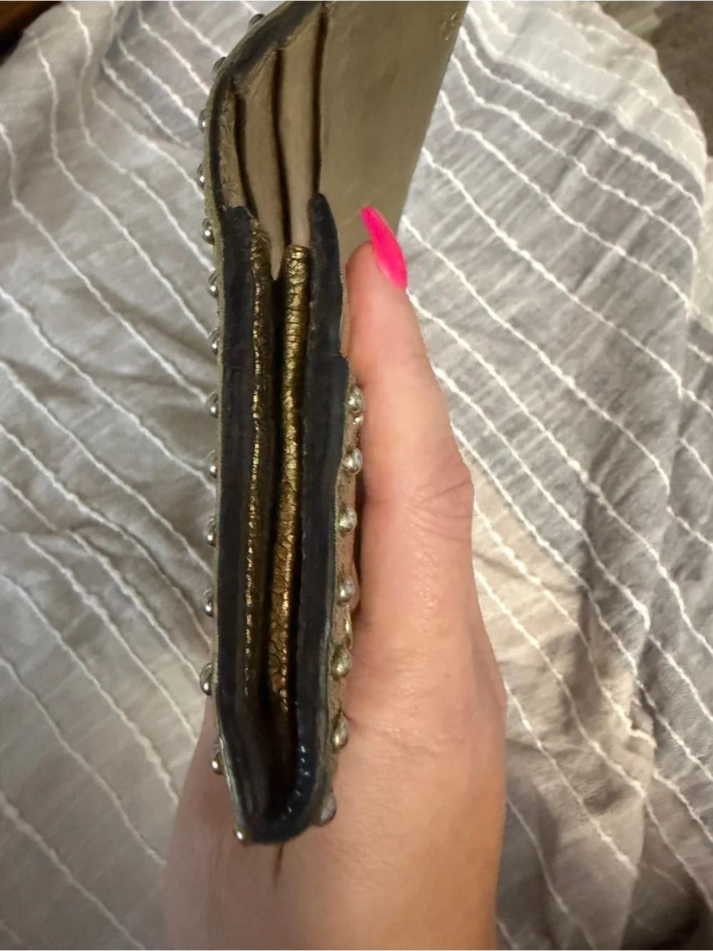 Prada Metallic Gold Leather Long Wallet with Stud Trim